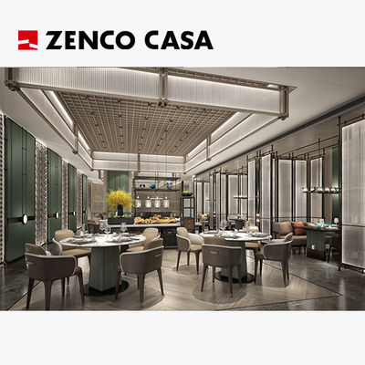Set di arredi per hotel e ristoranti con sedia da pranzo in pelle e tavolo rotondo in marmo